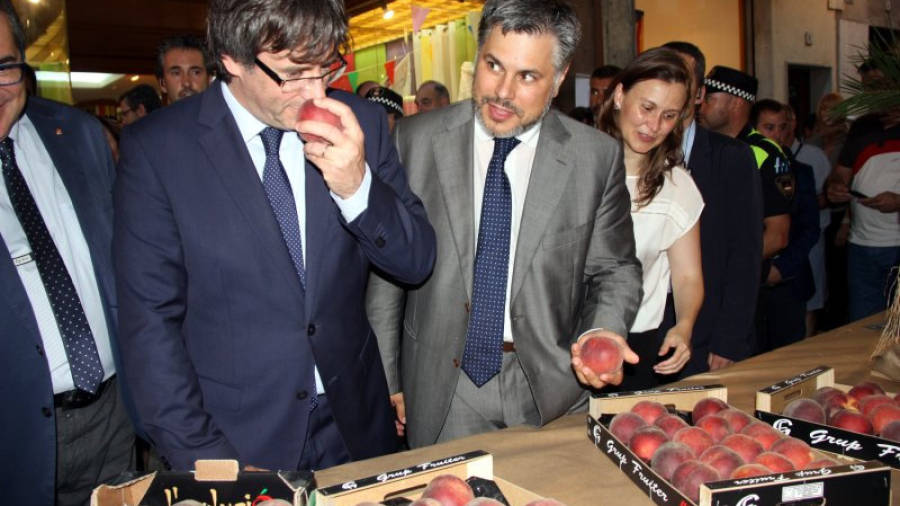 Pla mig del president Puigdemont, olorant un préssec d'una de les caixes exposades a la Firagost de Valls, acompanyat de l'alcalde Albert Batet, pel carrer de la Cort just després de l'acte inaugural de la fira, el 2 de juliol de 2016.