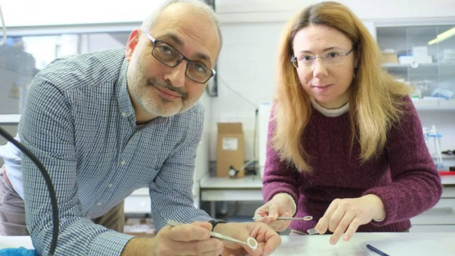 Els investigadors de la URV Lluís Marsal i Elisabet Xifre, al laboratori on s'ha provat el nou nanodispositiu. FOTO: CEDIDA