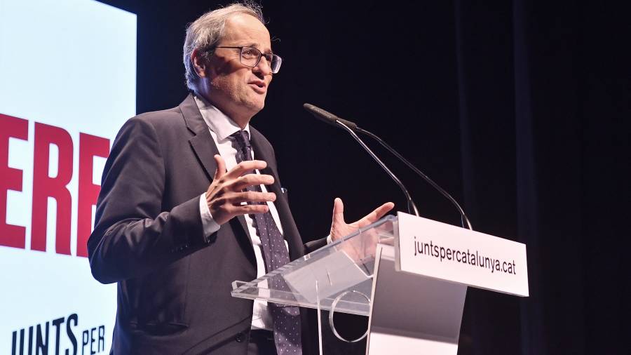 Quim Torra, durante el mitin de este jueves en el Teatre Metropol de Tarragona. Foto: Alfredo Gonz&aacute;lez