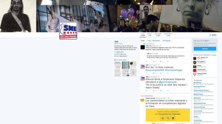 Captura de pantalla de la cuenta de Twitter del Sindicat de Mossos d'Esquadra (SME) que fue pirateada el 18 de junio de 2016.