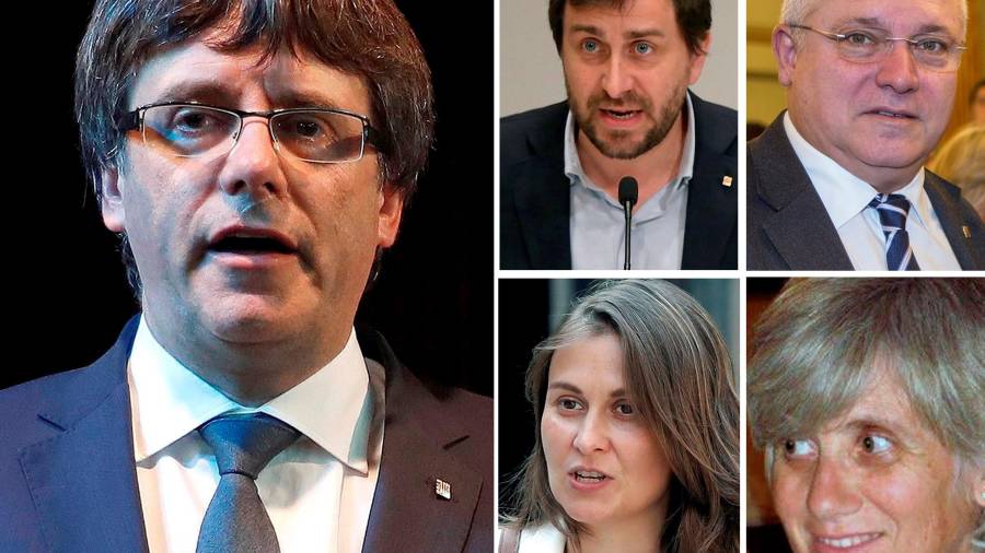 El president electo Carles Puigdemont y consellers que están en Bruselas. De izquierda a derecha y de arriba a abajo: Antoni Comin, Lluís Puig , Meritxell Serret y Clara Ponsatí. EFE