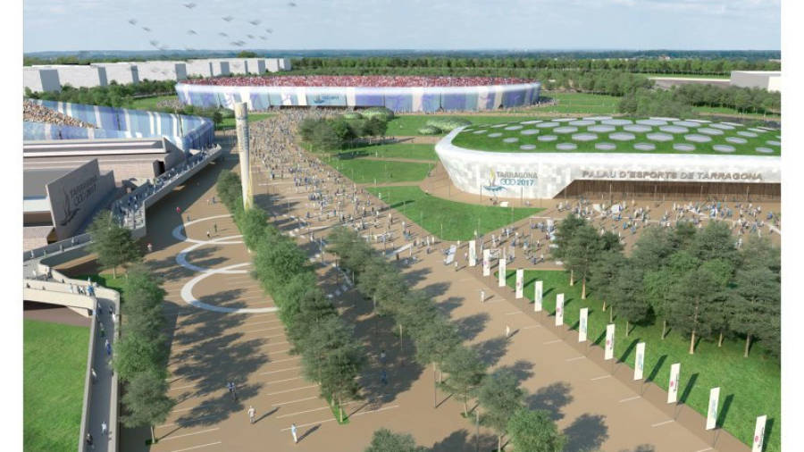 Imatge de virtual de la nova Anella Mediterrània, amb la piscina olímpica a l'esquerra, la pista d'atletisme provisional al fons i el nou palau d'esports a la dreta. Foto: ACN