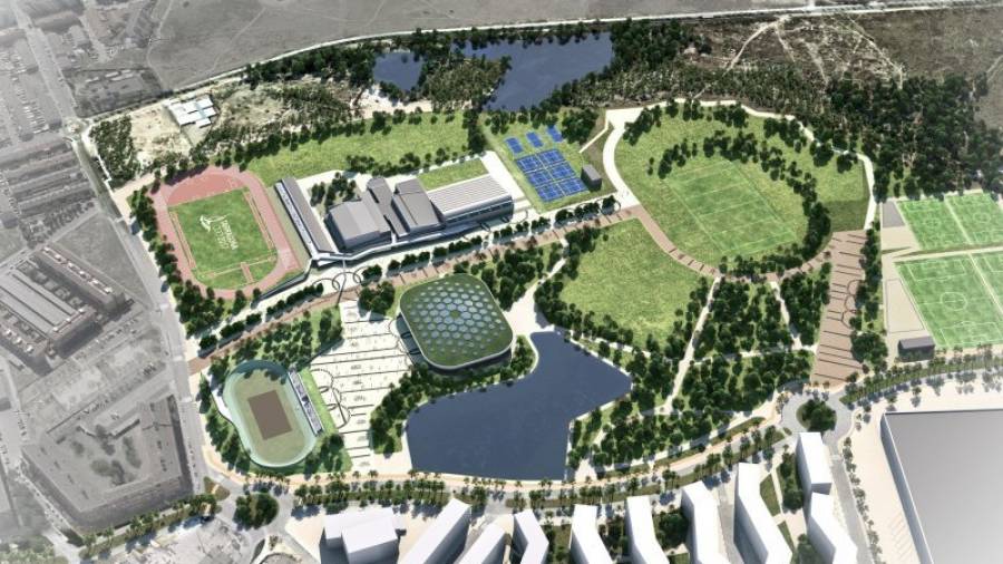 Imagen virtual del aspecto que ofrecerá el Anillo Mediterráneo, ya sin el estadio desmontable pero con el centro acuático. Foto: DT