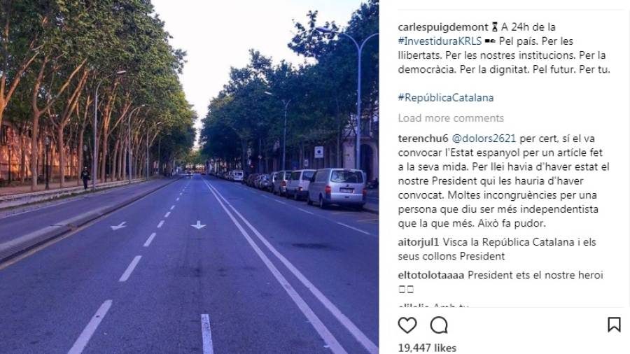 Publicació de Carles Puigdemont a Instagram, on es pot veure un dels carrers d'accés al Parlament de Catalunya.