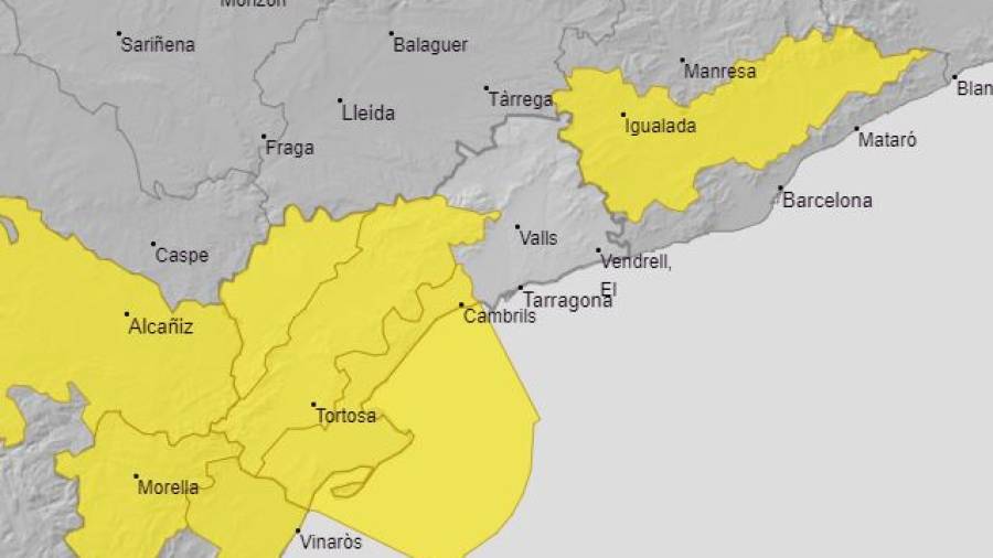 Imagen de las zonas de la provincia de Tarragona que se verán más afectadas por el temporal. AEMET