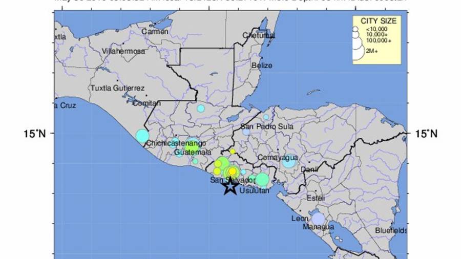 Mapa geológico de la localización del terremoto de magnitud 6,8 en la escala abierta de Richter que ha sacudido El Salvador. EFE/Servicio Geológico de Estados Unidos (USGS)