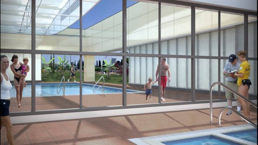 Imatge virtual del futur complex, amb dues piscines i la cobertura retràctil dissenyada en el projecte. Foto: ASCÓ SERVEIS