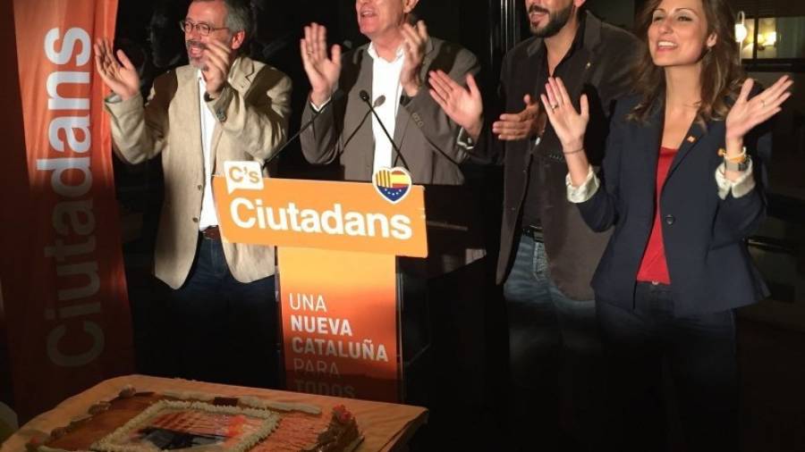 De izquierda a derecha: Francisco Javier Domínguez, Matías Alonso, Carlos Sánchez y Lorena Roldán. Ciutadans ha logrado cuatro escaños. Foto: P. Ferré