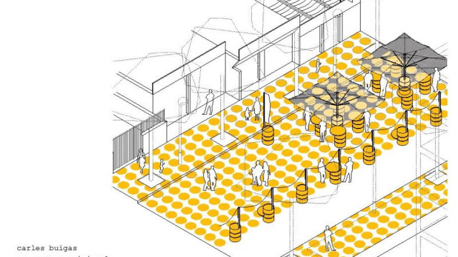 Imatge virtual de com es pintaran 500 metres linials de carrer i com es delimitarà la zona de vianants amb la de vehicles. Autors: Grups d´investigació [rum]lab + HABITAR de la URV i UPC.