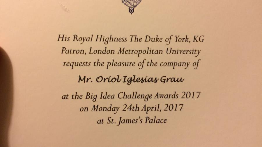 Invitaci&oacute;n que recibi&oacute; el reusense Oriol Iglesias, de parte del duque de York, para asistir a la ceremonia de entrega de premios
