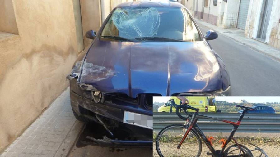 El turisme va patir danys considerables a la part davantera. Foto: mossos d´esquadra / Estat en el qual va quedar la bicicleta que conduïa el ciclista accidentat ahir al matí per l´Eix de l´Ebre Foto:mossos d´esquadra