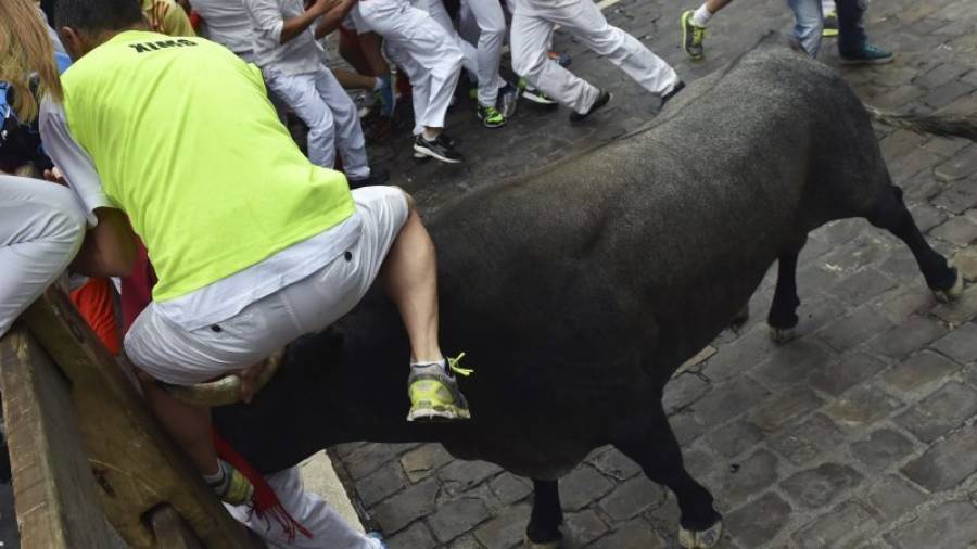Instant en què el bou fereix l´aficionat, aquest dissabte al matí a Pamplona. Foto: Daniel Fernández / EFE