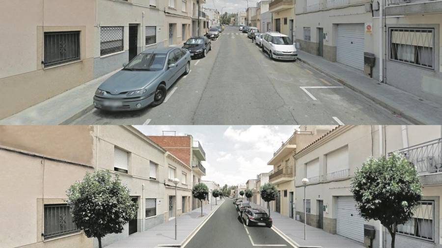 Imagen actual de la calle Almirall Requesens (arriba) y la imagen virtual del aspecto que tendrá la calle tras las obras. FOTO: AJUNTAMENT DE REUS