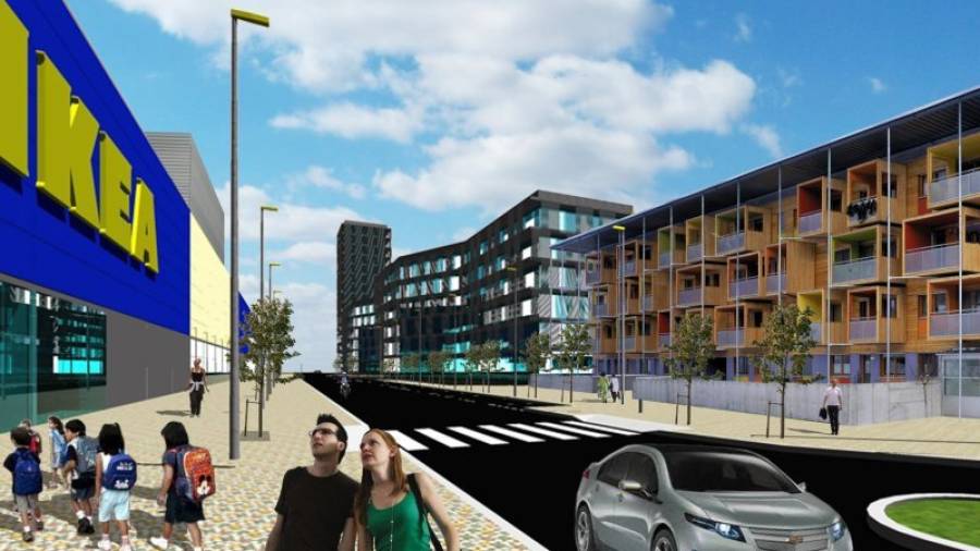 Imagen virtual del aspecto que ofrecerá el barrio que se urbanizará en torno a la futura tienda de Ikea. FOTO: DT