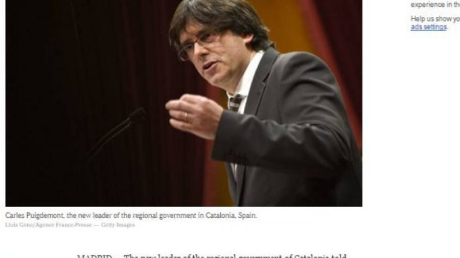 Imatge apareguda diumenge 10 de gener al diari nord-americà The New York Times sobre la investidura de Carles Puigdemont com a nou president de la Generalitat. Foto: ACN