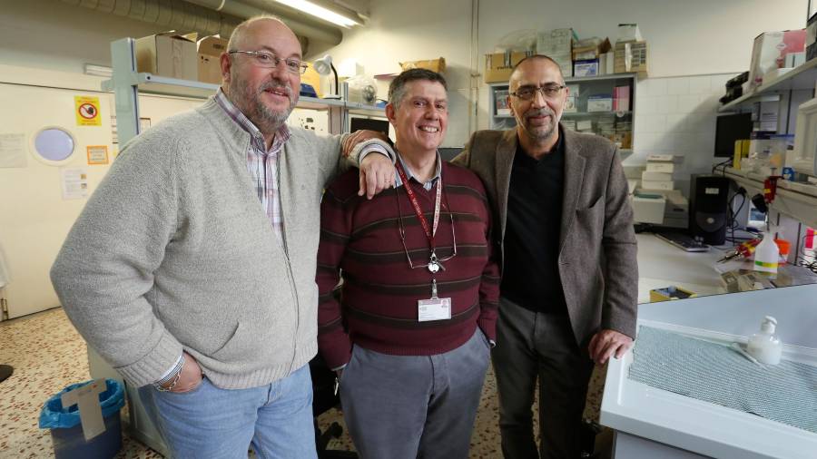Christophe Bengoa, Josep Font y Ioanis Katakis en uno de los laboratorios de la Escola Tècnica Superior d’Enginyeria Química (ETSEQ) de la Universitat Rovira i Virgili (URV). FOTO: pere ferré