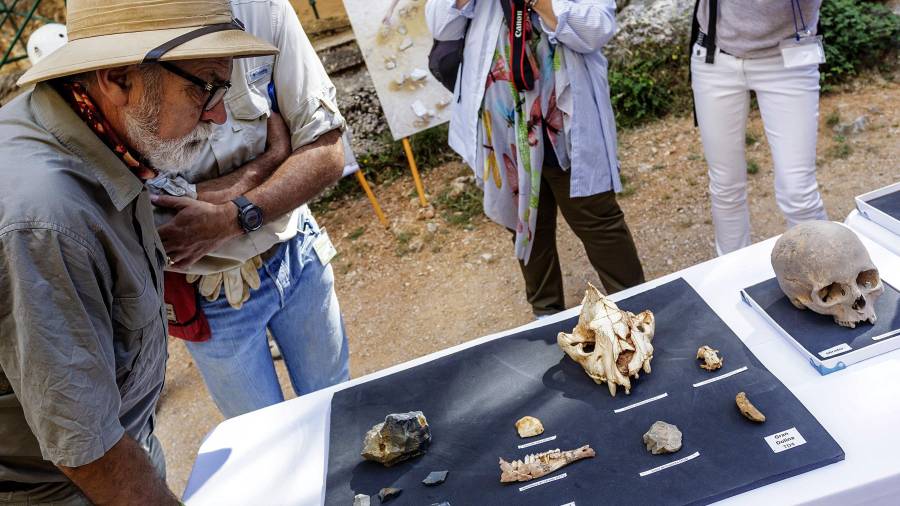 El codirector de Atapuerca, Eudald Carbonell, observa los restos de neandertales y otros vestigios de la misma época que se han encontrado en dos yacimientos de Atapuerca. Foto: EFE