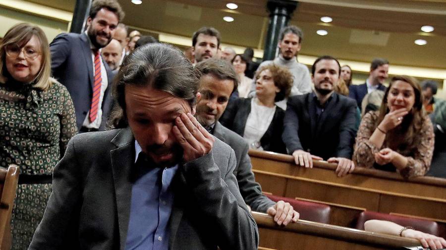 El líder de Unidas Podemos, Pablo Iglesias, se emocionó al final del pleno de investidura. FOTO: EFE