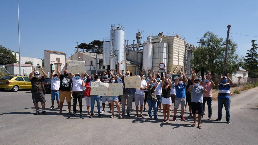 Los trabajadores afectados protestando hoy ante la Fàbrica Mas Vall en Montbrió del Camp. Foto: FABIÁN ACIDRES