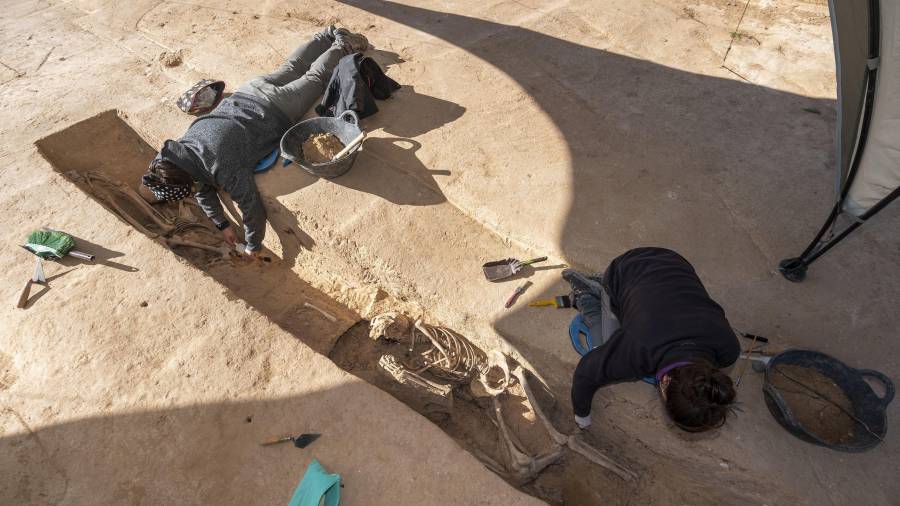 Arqueòlegs treballant ahir amb les restes de diversos individus. FOTO: Joan Revillas