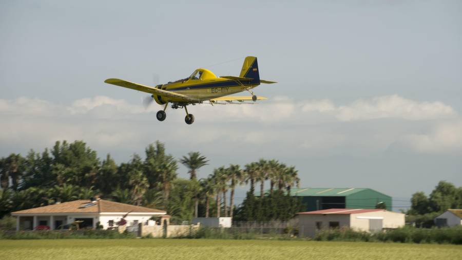 Els avions arruixant els camps d’arròs. L’any passat, segons fonts del COPATE, van realitzar 51,9 hores de vol per repartir les tres tongades de tractament de l’estiu. FOTO: Joan Revillas