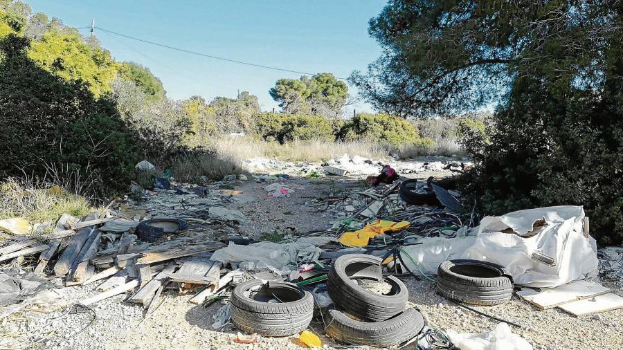 A escasos metros del campo del Nàstic se encuentra este vertedero ilegal, lleno de neumáticos. FOTO: Alba Mariné