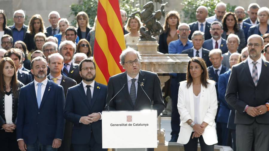Torra, durante su intervención ayer en el acto institucionalque tuvo lugar en el Palau de la Generalitat para conmemorarel 1 de octubre. FOTO: EFE