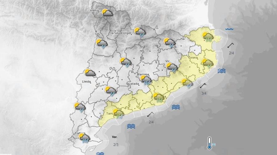 En amarillo, las comarcas con alerta de lluvia este martes. FOTO: Meteo.cat