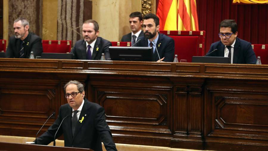 El candidato a presidente de la Generalitat por JxCat, Quim Torra, durante su intervencion ante el pleno del Parlament. FOTO: EFE