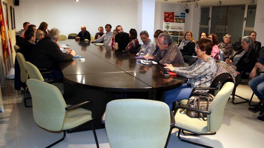 Reunió dels alcaldes de la Ribera d'Ebre i altres entitats contràries a l'abocador de Riba-roja d'Ebre, al saló de plens de l'ens comarcal, aquest dimarts. FOTO: ACN