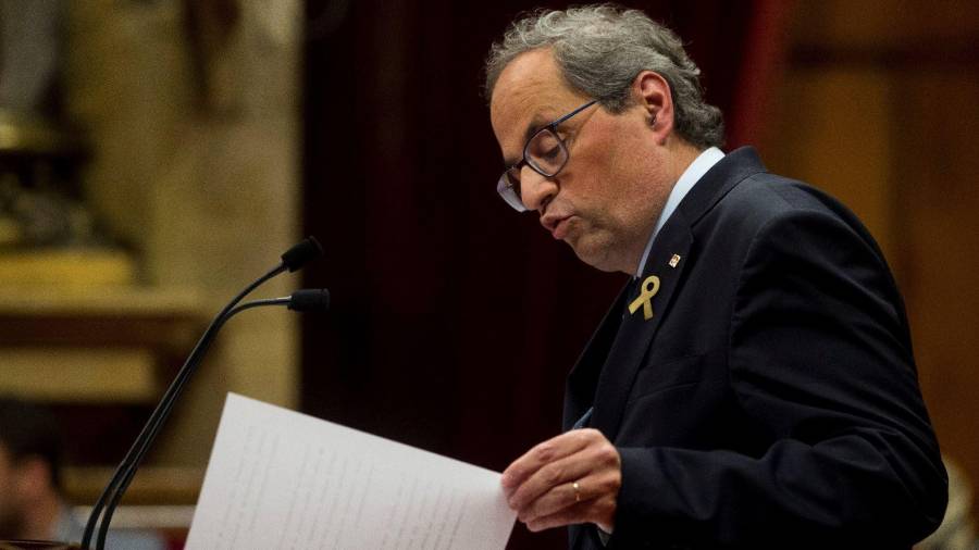 El president de la Generalitat, Quim Torra, durante el pleno de Política General celebrado esta tarde en el Parlament. FOTO: EFE