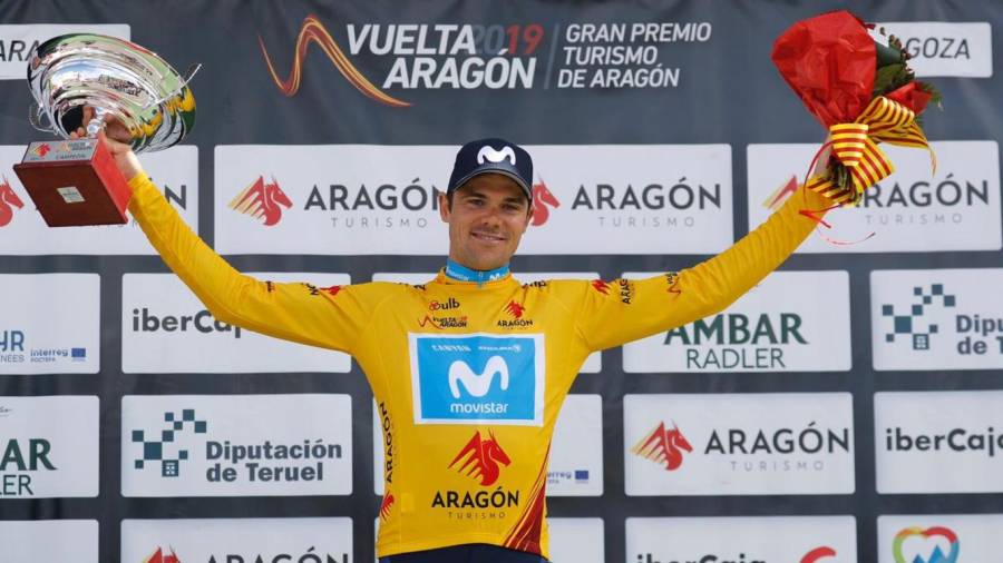 Prades, celebrando su victoria en la Vuelta Aragón este 2019. FOTO: PHOTO GOMEZ SPORT / MOVISTAR TEAM