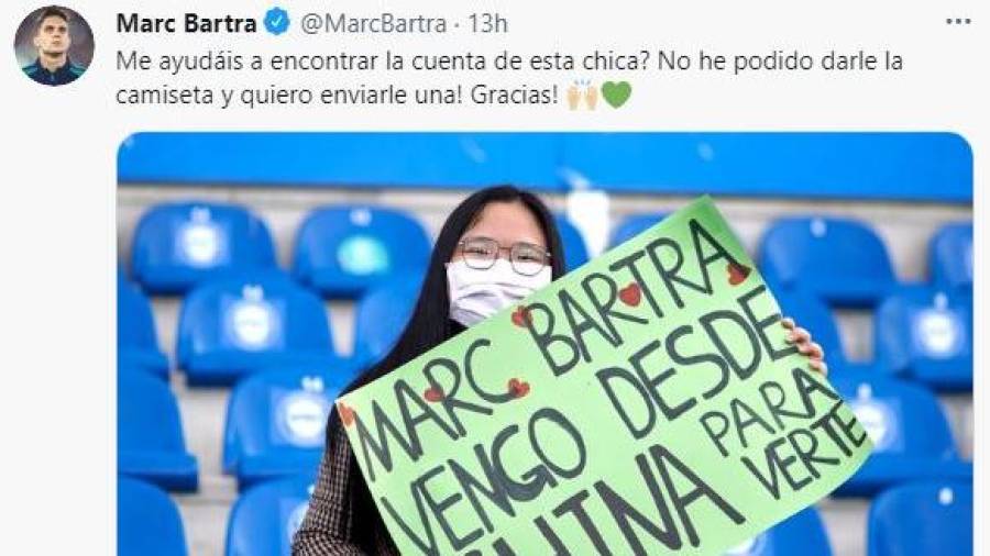 El tuit de Marc Bartra en el que pregunta por la aficionada que quería su camiseta. Foto: Twitter