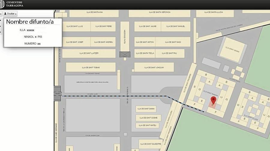 Captura de pantalla de la ‘web’ del cementerio, con un mapa que localiza las sepulturas. FOTO: cedida