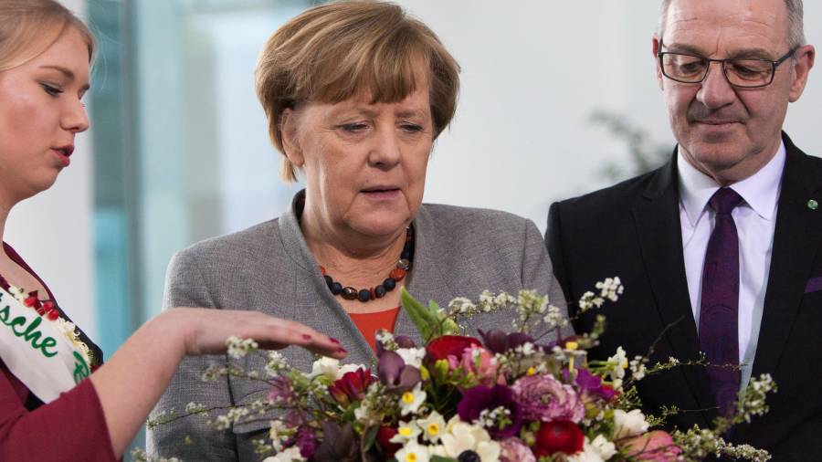 Angela Merkel recibe flores por San Valentín. EFE