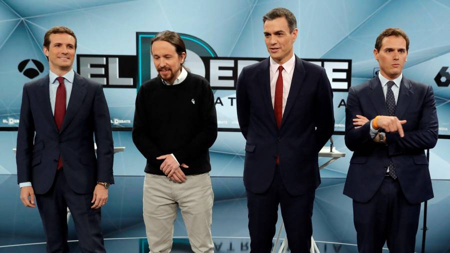 Pablo Casado (PP), Pablo Iglesias (Podemos), Pedro Sánchez (PSOE) y Albert Rivera (Cs). FOTO: EFE