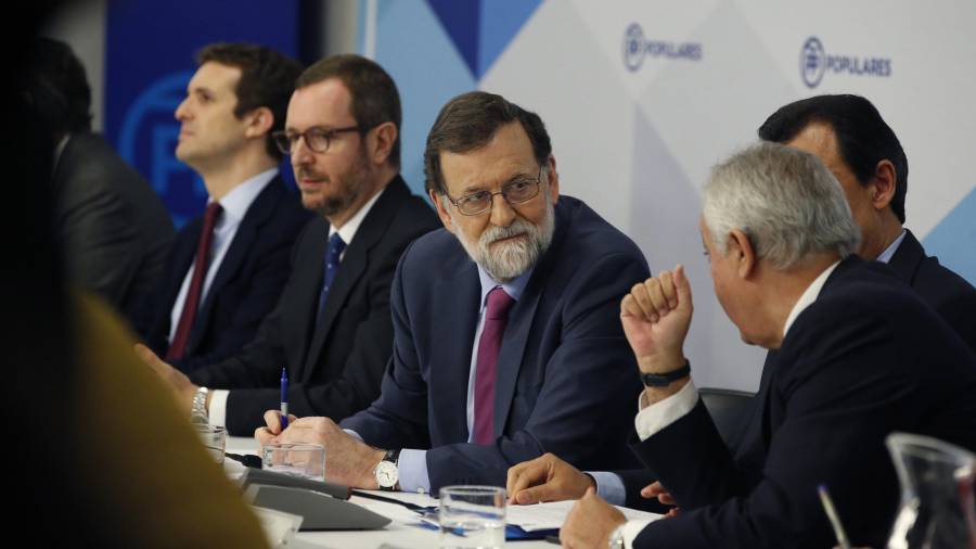 El presidente del Gobierno Central,Mariano Rajoy, ayer por la mañana, durante la Junta Directiva Nacional del Partido Popular. FOTO: EFE