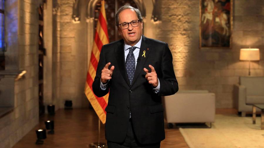 El president de la Generalitat, Quim Torra, en el Palau de la Generalitat, desde donde hizo su discurso del Onze de Setembre. FOTO: JORDI BEDMAR/EFE