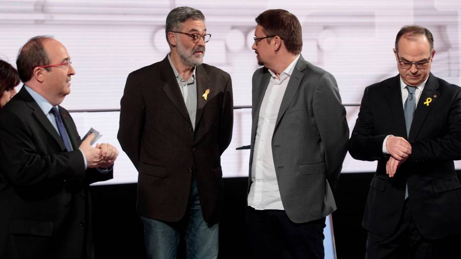 Los candidatos Iceta (PSC), Riera (CUP), Domènech (Catalunya En Comú-Podem) y Turull (Junts per Catalunya), en el debate de TV-3. Foto: EFE
