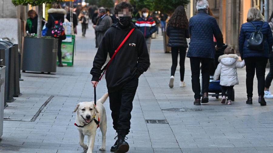 Un joven pasea con un perro por el centro de Reus. FOTO: A. GONZÁLEZ/DT