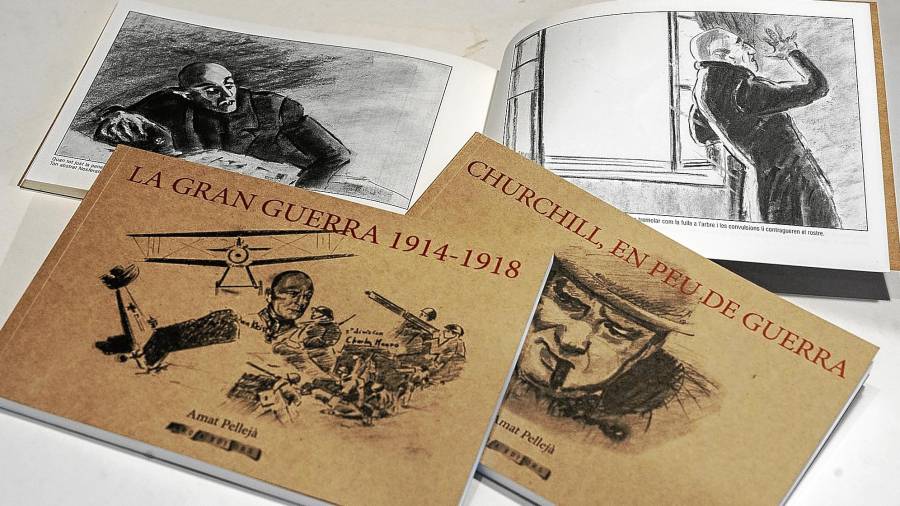 Ilustraciones de ‘Nosferatu’ y portadas de ‘Churchill en peu de guerra’ y ‘La gran Guerra 1914-1918’. Foto: Joan Revillas