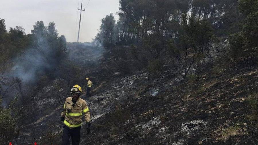 Els bombers durant l'extinció del foc d'avui a Picamoixons. Foto: Bombers de la Generalitat