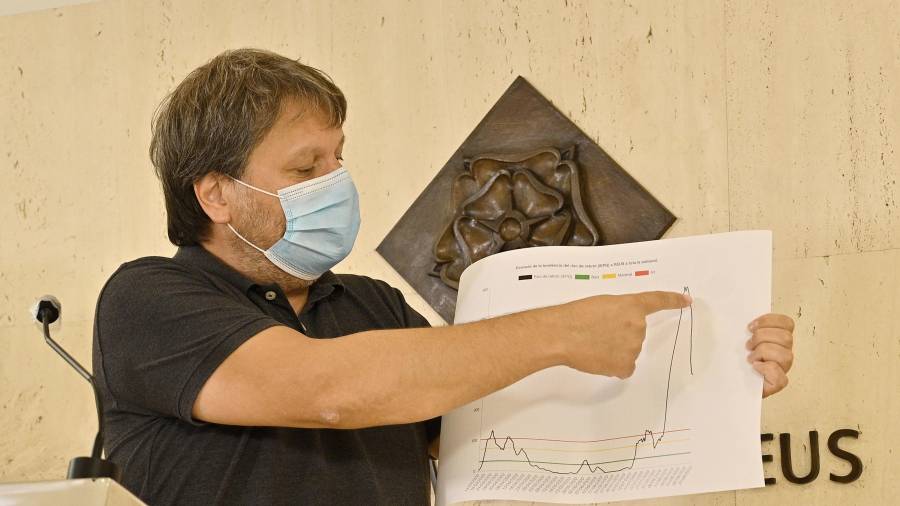 El concejal de Salud, Òscar Subirats, mostrando la gráfica  de la evolución de tendencia  del riego de rebrote en Reus. FOTO: ALFREDO GONZÁLEZ