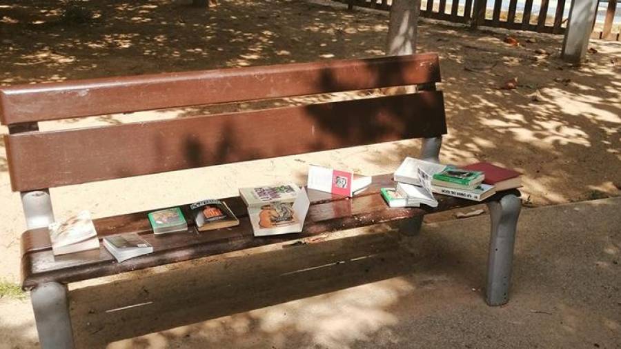 Los libros en un banco del parque. FOTO: SILVIA PRATS