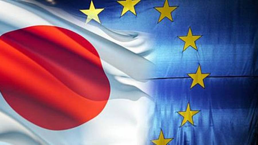 Banderas de Japón y Europa fusionadas