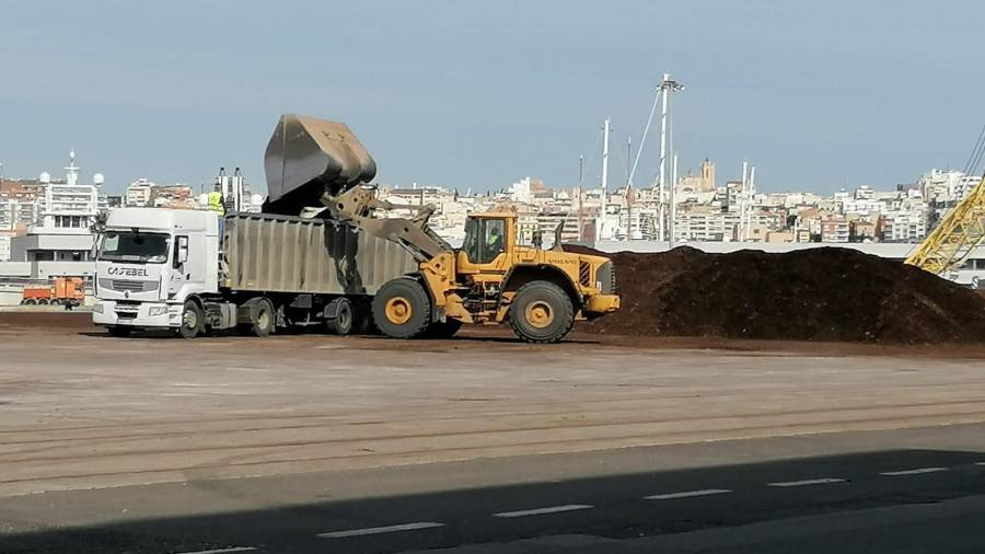 Trabajos de retirada de la astilla. FOTO: Port de Tarragona