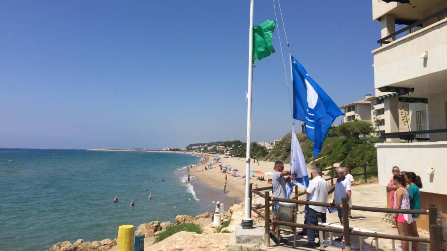 La colocación de la bandera azul en la playa del Francàs.