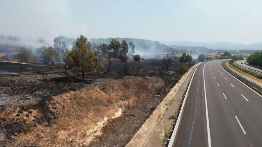 La proximitat de les flames a l'autopista i la presència de fum ha obligat a tallar el trànsit. Foto: A. Juanpere.