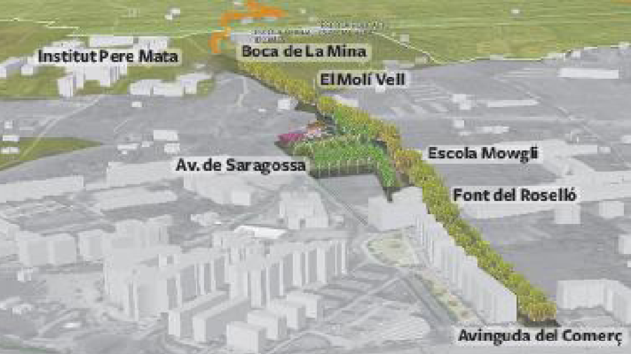 Imatge virtual d’ubicació del passeig de la Boca de la Mina i les dues noves zones verdes. FOTO: dt