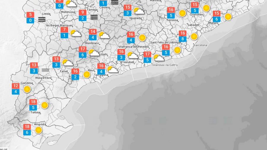 La predicció meteorològica d'aquest dimarts dia 14, a Tarragona. FONT: Meteo.cat